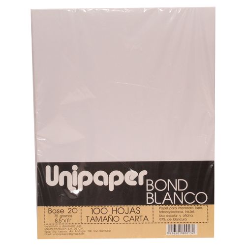 Papel Bond Blanco B20  Tamano Carta- 100 Hojas