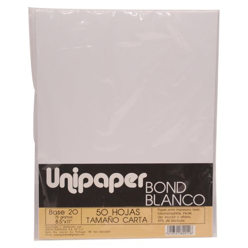 Papel Bond Blanco B20 Carta 50 Ho