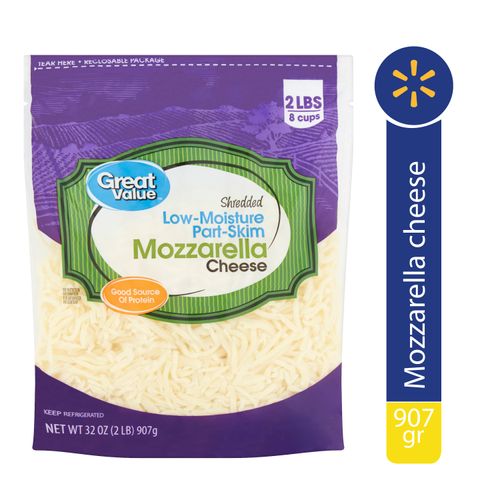 Queso Great Value Mozzarella Rallado Parcialmente Desnatado y Bajo en Humedad - 907 g
