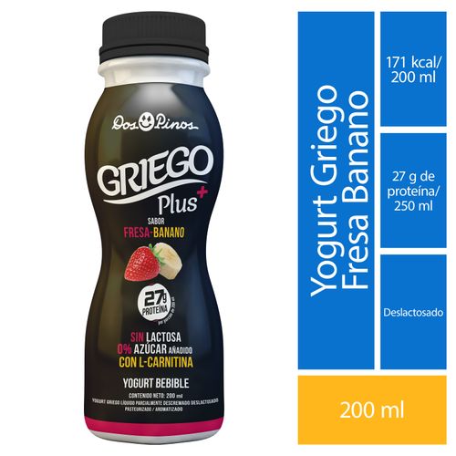 Yogurt Griego Dos Pinos Líquido Plus Fresa - Banano, 0% Azúcar Añadido, Sin Lactosa - 200ml