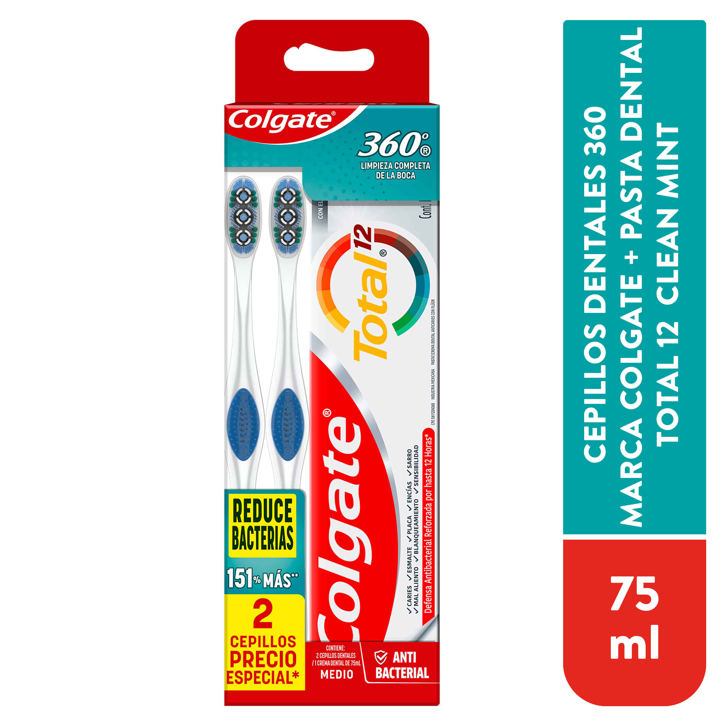Comprar Pack Colgate Cepillo Dental Colgate 360 + Pasta Dental Total 12  Clean Mint 75 ml