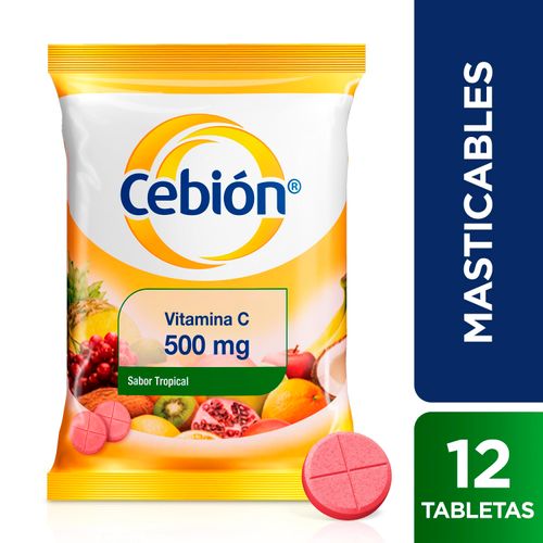 Tabletas Masticables Marca Cebión de Vitamina C Sabor Tropical -12 uds