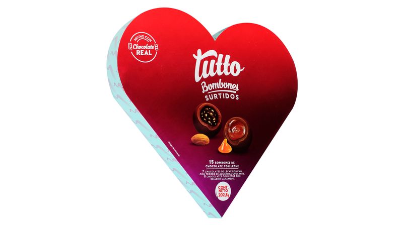 Caja cartón forma de corazón chocolates 5 hileras rojo/dorado