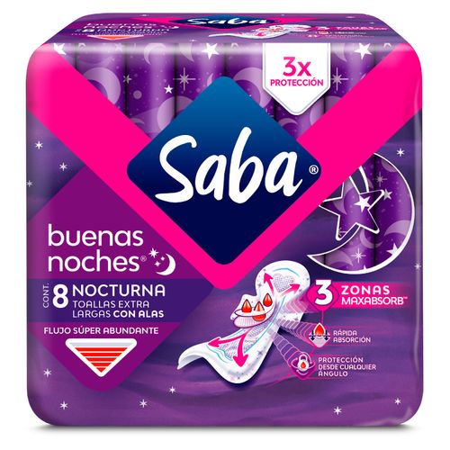 Toallas Femeninas Saba Buenas Noches Flujo Súper Abundante Con Alas -8 uds