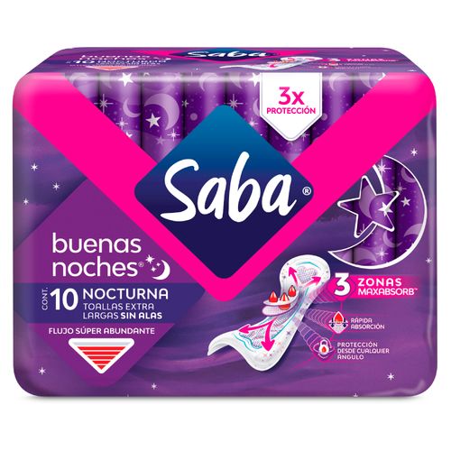 Toallas Femeninas Saba Nocturna Flujo Súper Abundante Sin Alas -10 uds