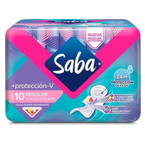 Toallas Sanitarias Saba Más Protección-V Regulares Flujo Súper Abundante Con Alas - 10Uds