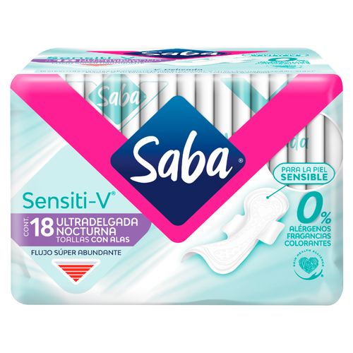 Toallas Femeninas Saba Sensiti-V Ultradelgada Nocturna flujo Súper Abundante Con Alas - 18 Uds