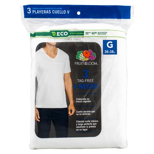 Playera Fruit Of The Loom Cuello V Color Blanco 3 Pack Talla L