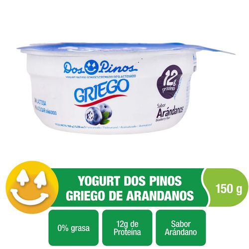 Yogurt Dos Pinos Griego Sabor Arándanos, Semidescremado, Sin Lactosa, 0% Azúcar Añadido - 150 g