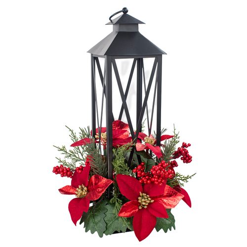 Arreglo navideño marca Holiday Time, flores rojas en base de metal