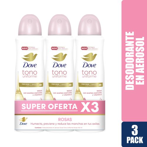 Desodorante Dove Dama Tono Uniforme Rosas Y Vitamina E Aerosol 3 Pack - 150 ml