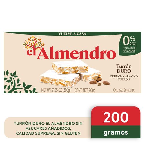 Turrón Duro El Almendro Sin Azúcares Añadidos, Calidad Suprema, Sin Glúten - 200 g