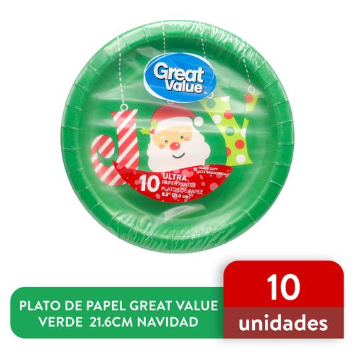 Plato De Papel Great Value Verde  21.6cm Navidad - 10Uds