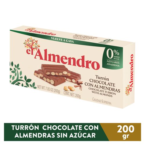 Turrón El Almendro Chocolate Con Almendras Sin Azúcar Añadido, Calidad Suprema - 200 g