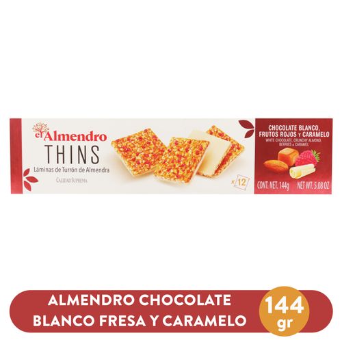 Láminas De Turrón El almendro Thins Con Chocolate Blanco Fresa caramelo y almendras - 144 g
