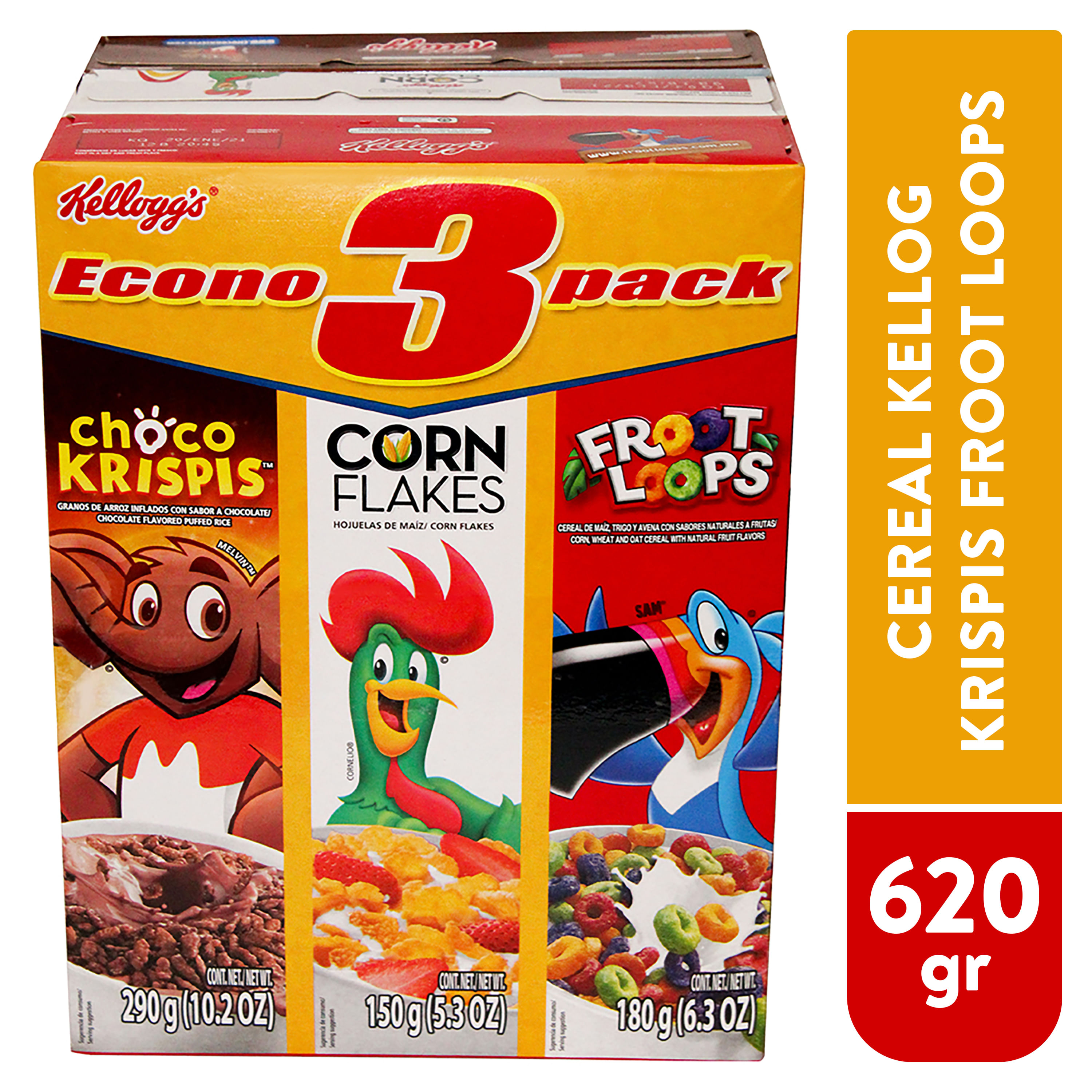 Kellogg's Paquete surtido de cereales Tri-Fun, Froot Loops, Cocoa Krispies  y Apple Jack, 58 onzas