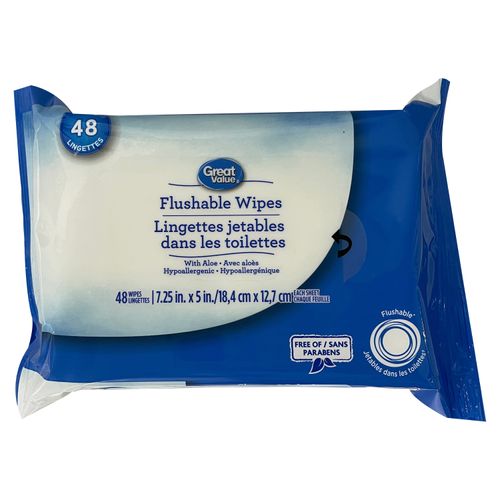 Toallas Desechables Flushable Húmedas Marca Great Value, Hipoalergénico Con Aloe - 96Uds