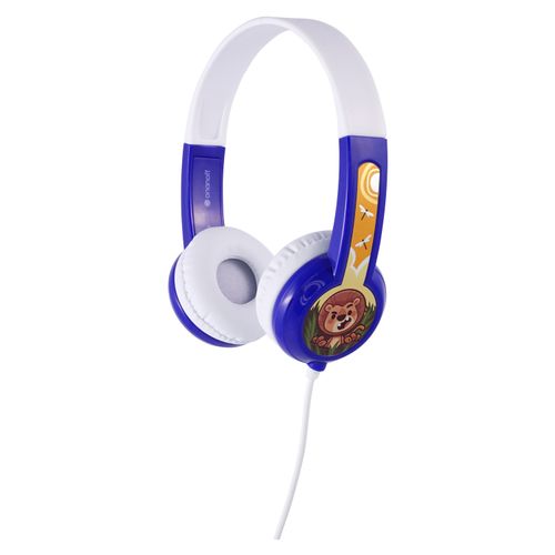 Audifonos Buddyphones para niños con control de audio seguro, flexibles y ajustables color azul