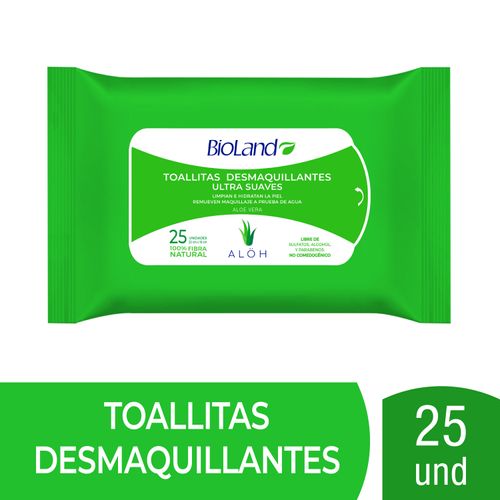 Toallitas Desmaquillantes BioLand Ultra Suaves Con Aloe Vera - 25Unidades