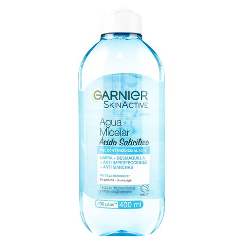 Agua Micelar Garnier, Anti Imperfecciones Express Aclara tratamiento concentrado (Ácido Salicílico + Vitamina C) -400 ml