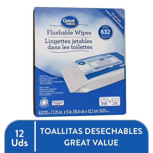 Toallas Desechables Flushable Húmedas Marca Great Value, Hipoalergénico Con Aloe - 632Uds