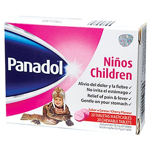 Analgésico Acetaminofén, Panadol Niños Sabor Cereza Masticables, Caja 20 Tabletas