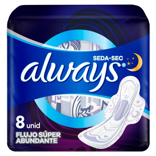 Toallas Extra Largas Always Nocturna Seda-Sec Flujo Súper Abundante - 8Uds