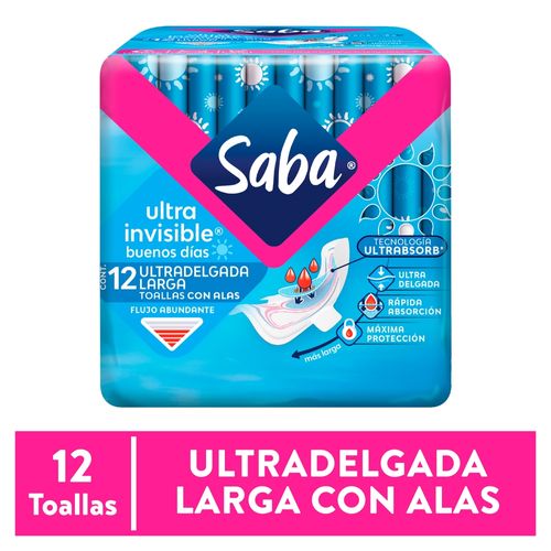 Toallas Femeninas Saba Ultra Invisible Ultradelgada Larga Flujo Abundante Con Alas - 12Uds