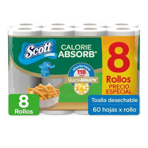 Toalla de Papel Desechable Scott Calorie Absorb 60 Hojas -  8 Rollos