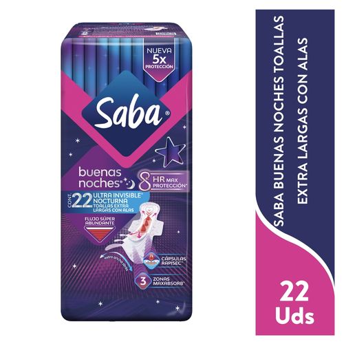 Toallas Femeninas Saba, nocturnas, Ultra Invisible Ultradelgada, Flujo Súper Abundante Con Alas - 22 uds