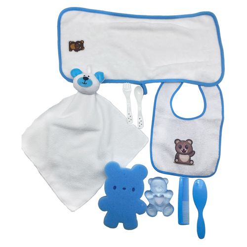 Canasta de regalo Hello Baby con articulos básico color Celeste -8pzas