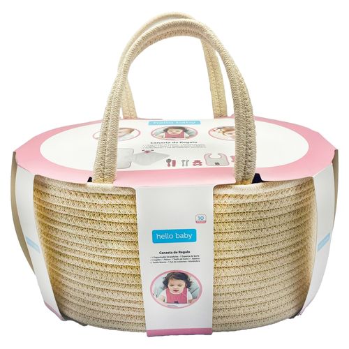 Canasta de regalo Hello Baby con articulos básico color Rosado -8pzas