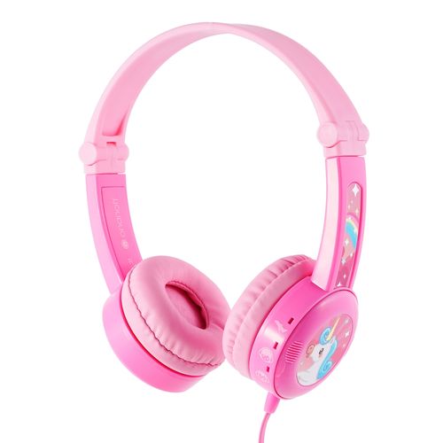 Audifonos Buddyphones para niños control audio seguro, microfono, flexibles y plegables color rosa