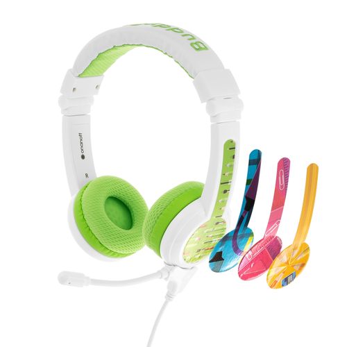 Audifonos Buddyphones, para niños con control de audio seguro y micrófono de brazo color verde