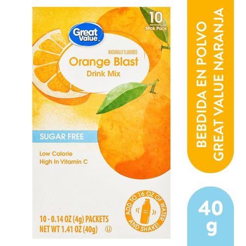 Bebida en polvo Great Value sabor naranja sin azúcar - 40 g