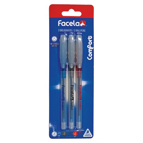 Boligrafo Facela Nevada Comfort Colores Azul Negro Rojo- 3 Unidades