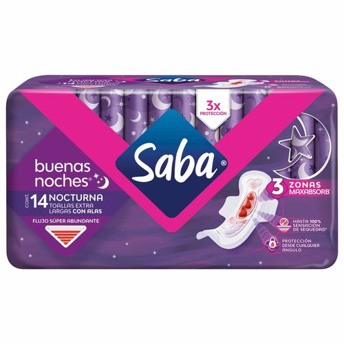 Toallas Femeninas Saba Nocturna Flujo Súper Abundante Extra Larga Con Alas -14 uds