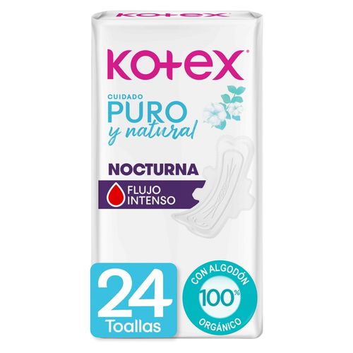 Toallas Femeninas Kotex Puro y Natural Nocturna - 24 Uds