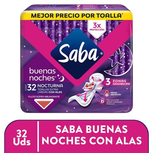 Toallas Femeninas Saba Buenas Noches Flujo Súper Abundante Con Alas  - 32 uds