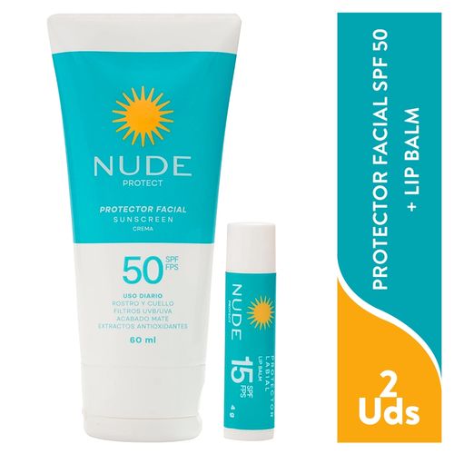 Protector solar facial Nude FPS 50 más lip balm de FPS 15 - 60 ml