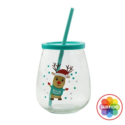 Vaso Holiday Time de vidrio con tapa y pajilla navideño surtido