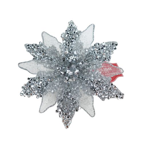 Clip navideño Holiday Time flor pascua plateada