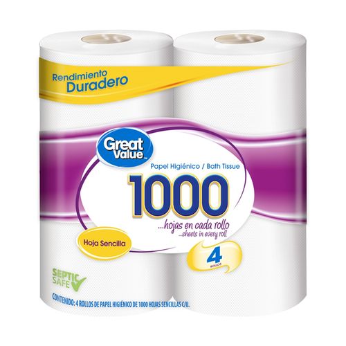 Papel Higiénico Great Value 1000 Hojas Sencillas - 4 Rollos