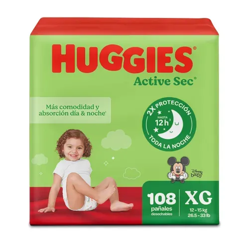 Pañales Huggies Active Sec 4/XG - 108 Unidades