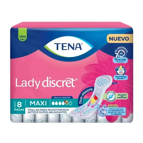 Toallas para incontinencia TENA Lady Discret Maxi Goteos Súper Abundantes - 8 piezas-Precio indicado por panal incont/severa